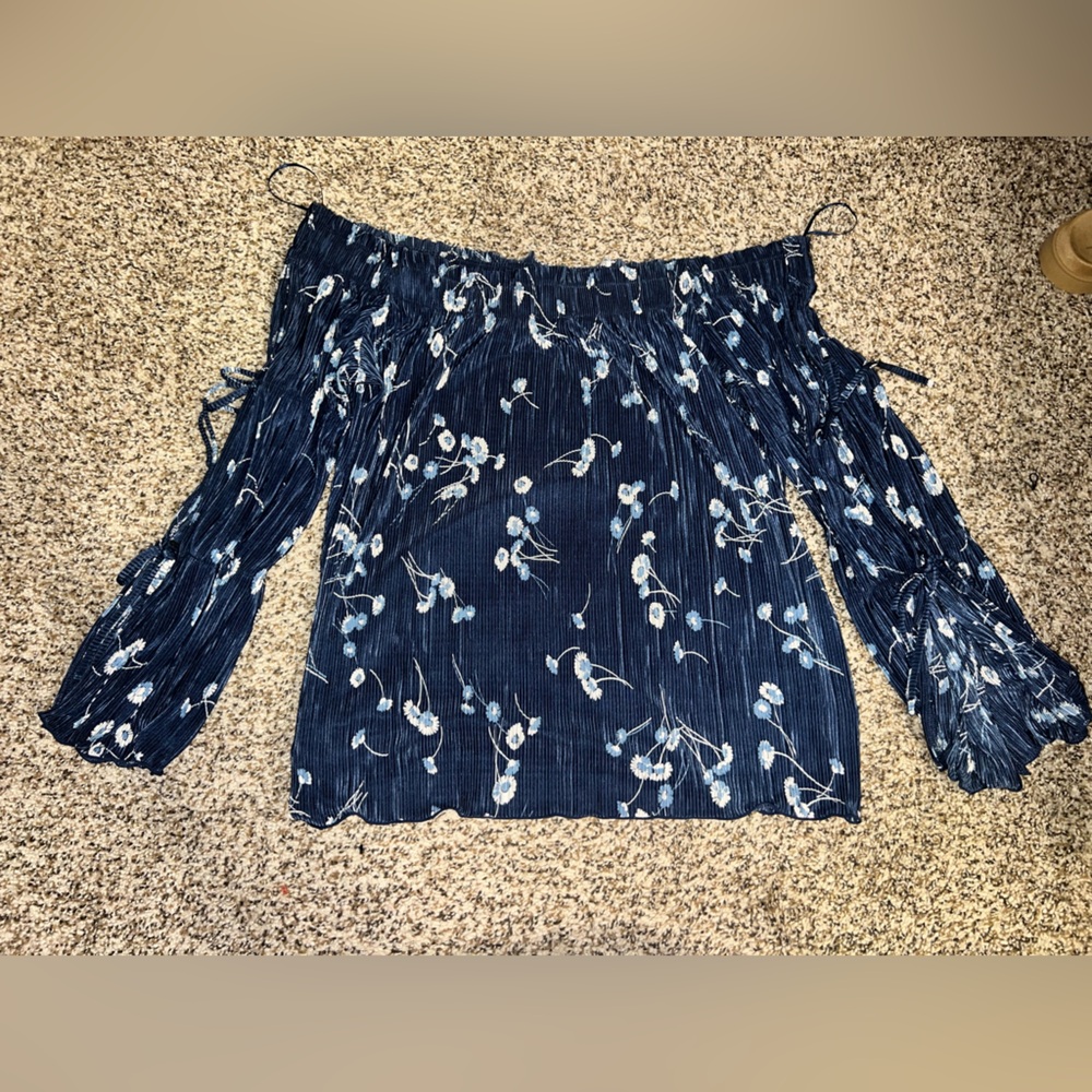 LC Lauren Conrad Asymmetrical Ruched Blue Long Sleeve Off The Shoulder Blouse